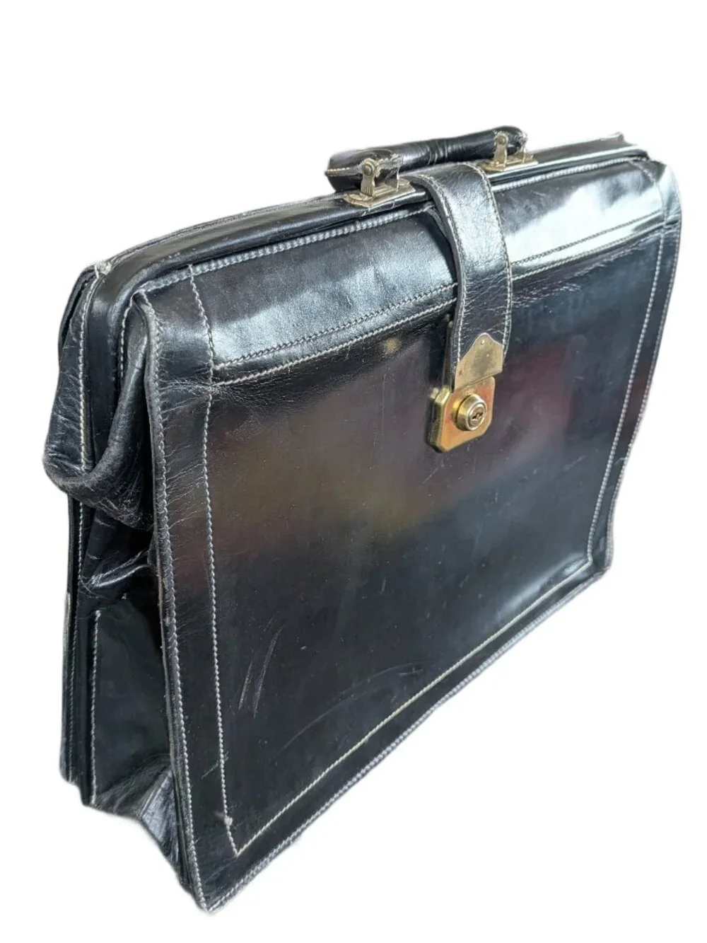 Vintage Black Leather Hinged-Mouth Briefcase - with Lock